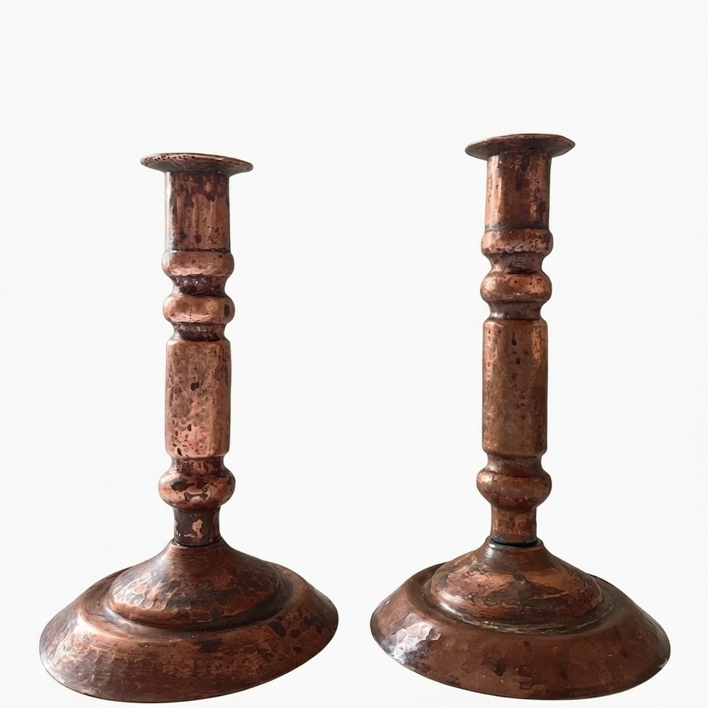 Vintage Hammered Craftsman Era Copper Candlestick Holders Pair Arts And Crafts